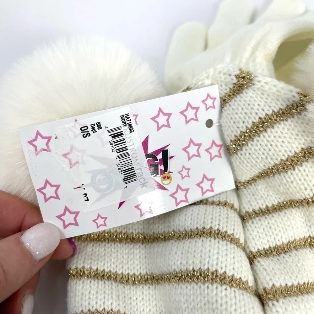 OMG Pom Pom beanie stiped faux fur with gloves
